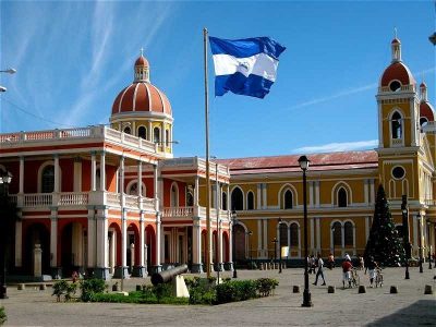 Nicaragua church with flag